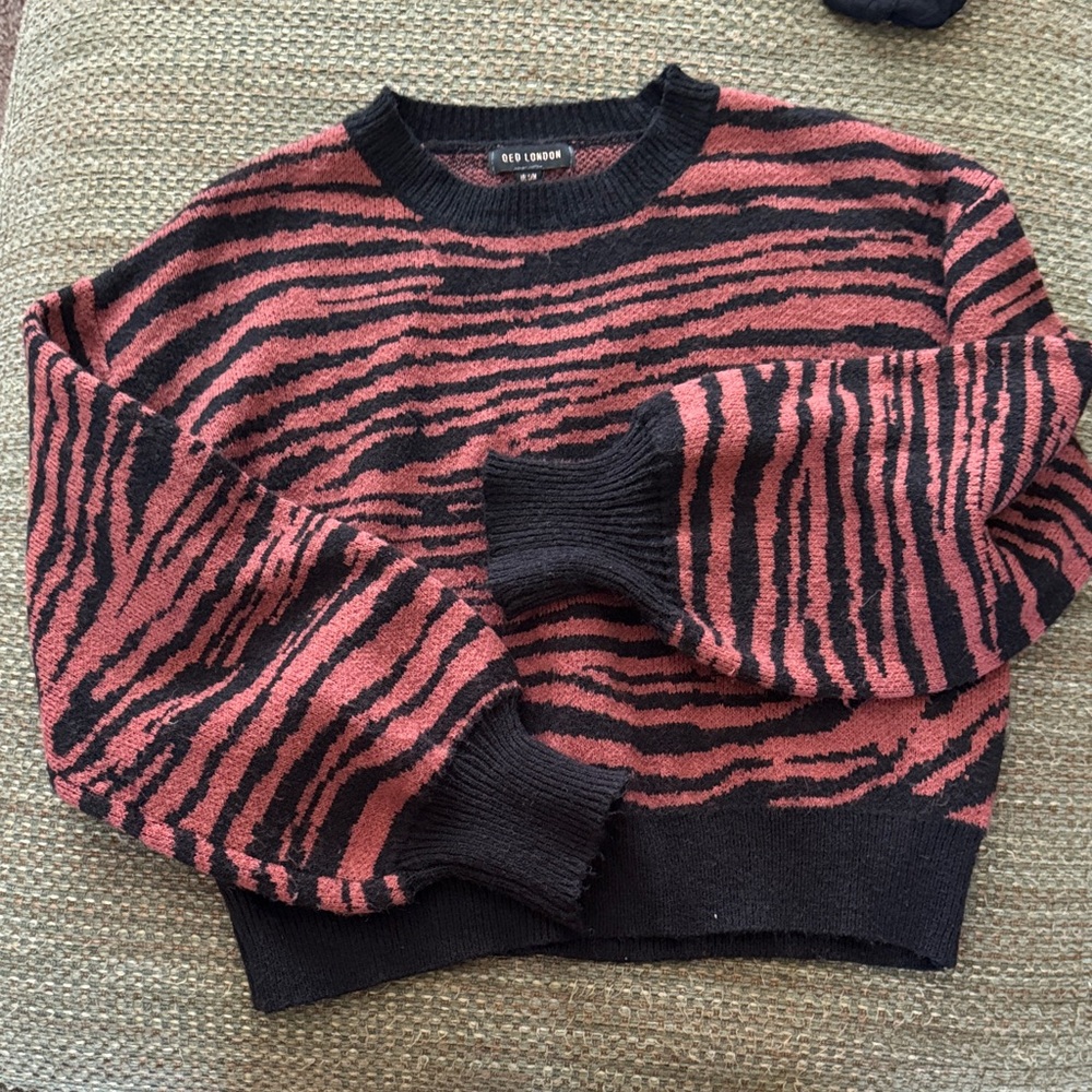 QED London Zebra Stripe Black and Pink Sweater